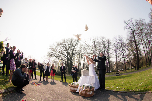 weiße Hochzeitstaube steigt jeweils aus den Händen des Brautpaares empor
